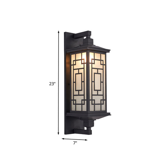 Country Style Black Wall Sconce With Opal Cuboid Glass Shade And Elegant Pattern