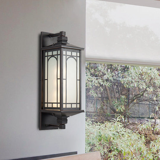 Country Style Black Wall Sconce With Opal Cuboid Glass Shade And Elegant Pattern