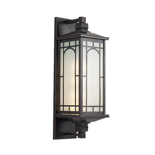 Country Style Black Wall Sconce With Opal Cuboid Glass Shade And Elegant Pattern