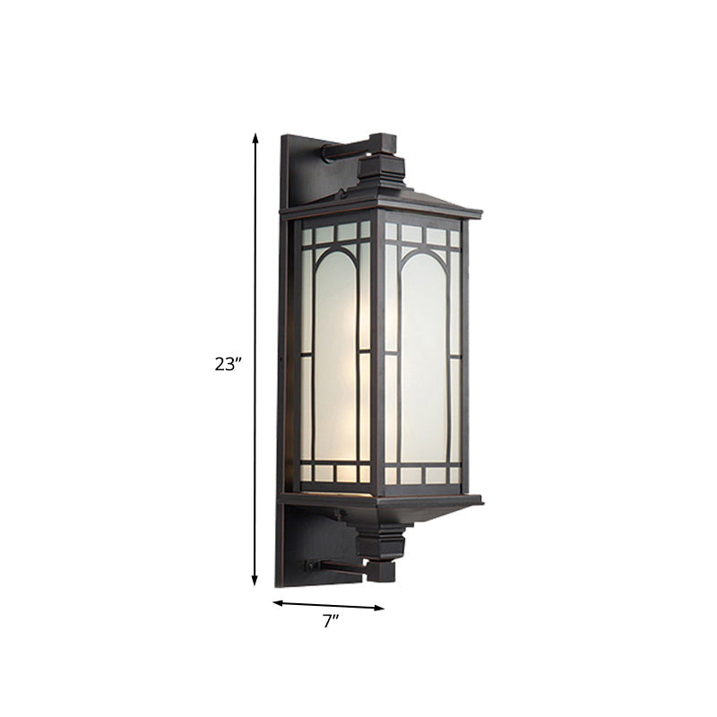 Country Style Black Wall Sconce With Opal Cuboid Glass Shade And Elegant Pattern