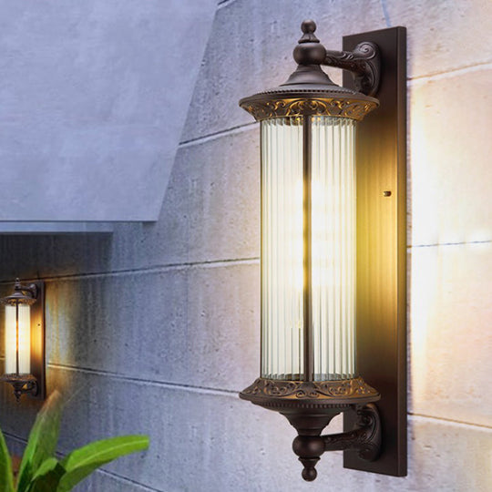 1-Light Country Outdoor Wall Sconce With Clear Ribbed Glass Shade - Dark Coffee