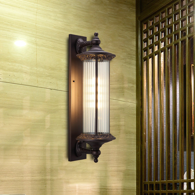 1-Light Country Outdoor Wall Sconce With Clear Ribbed Glass Shade - Dark Coffee