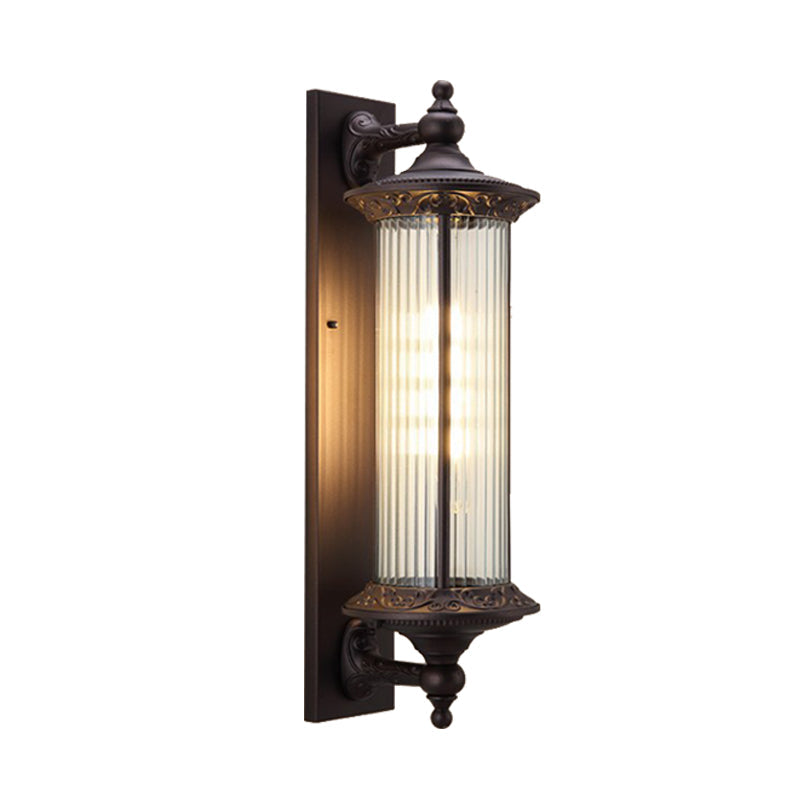 1-Light Country Outdoor Wall Sconce With Clear Ribbed Glass Shade - Dark Coffee