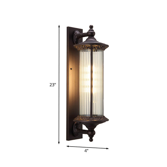 1-Light Country Outdoor Wall Sconce With Clear Ribbed Glass Shade - Dark Coffee