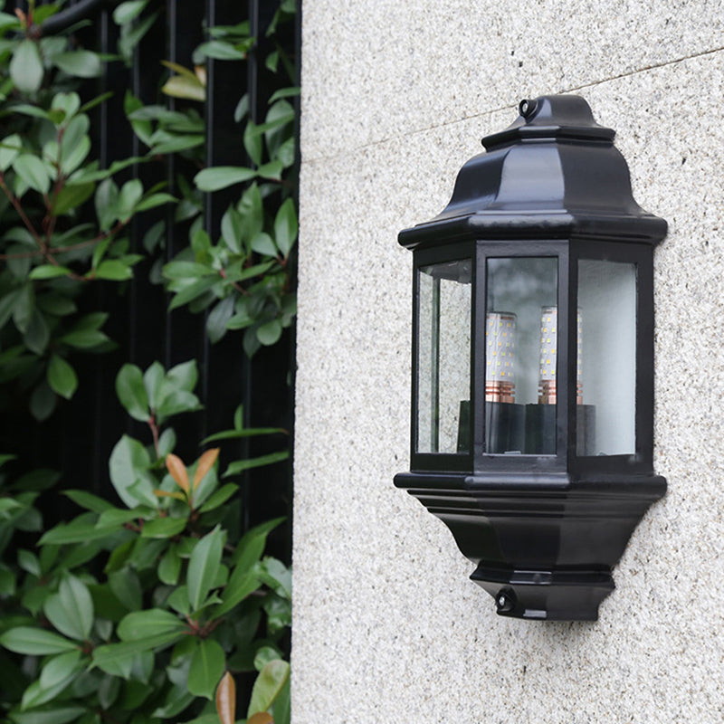 Geometric Black/White Outdoor Corner Wall Sconce With Clear Glass Mountable Light Fixture For Lodges