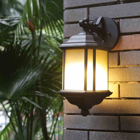 Cuboid Tan Glass Wall Sconce - Country 1-Head Corner Mount Lamp In Black With Removable Bottom