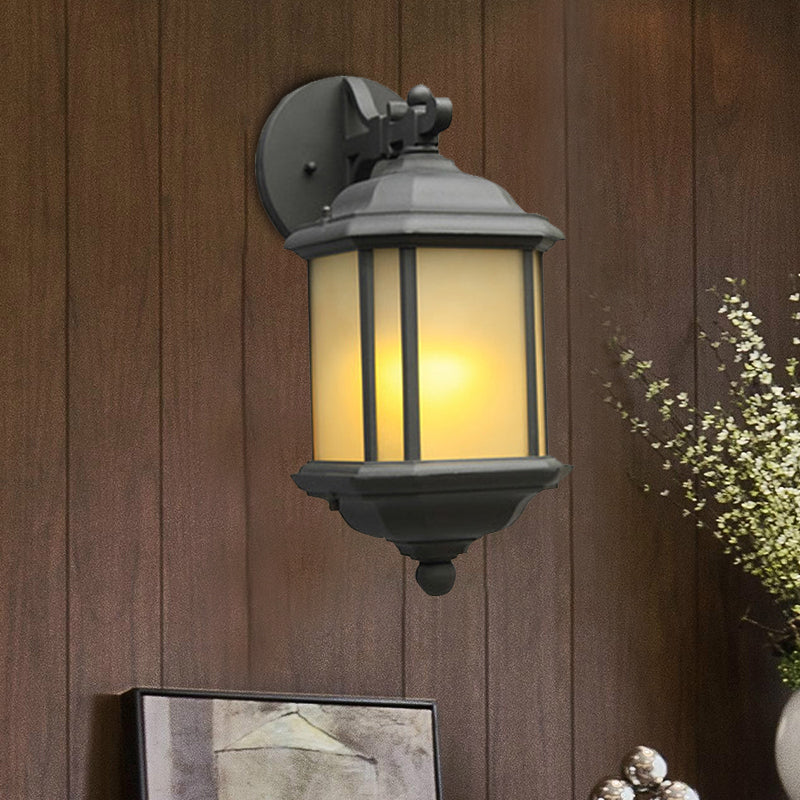 Cuboid Tan Glass Wall Sconce - Country 1-Head Corner Mount Lamp In Black With Removable Bottom