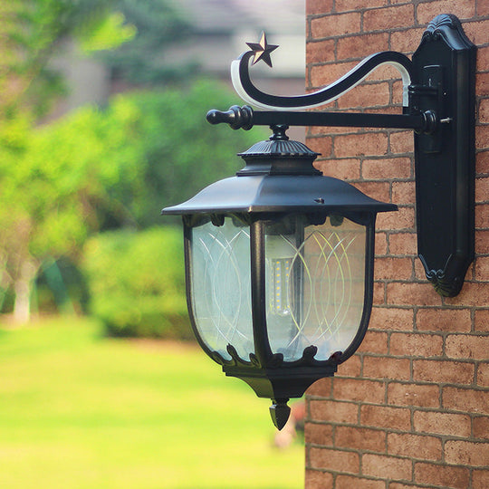 Textured Black Lantern Wall Sconce With Water Glass - Outdoor Mount Lamp (1 Light 9 Or 13 Width) /