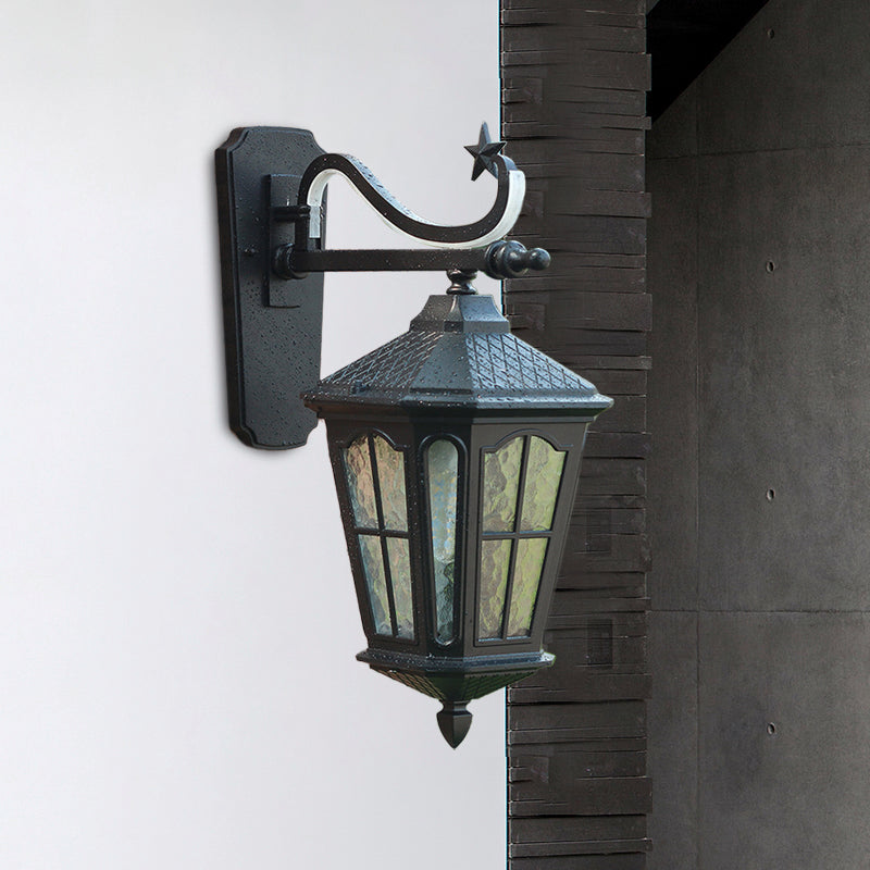 Textured Black Lantern Wall Sconce With Water Glass - Outdoor Mount Lamp (1 Light 9 Or 13 Width)