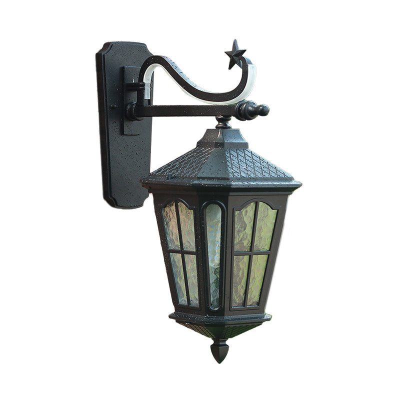 Textured Black Lantern Wall Sconce With Water Glass - Outdoor Mount Lamp (1 Light 9 Or 13 Width)