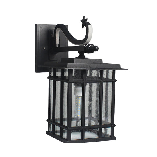 Country Courtyard Sconce Lamp: Wall Lighting Fixture With Seeded Glass Shade In Black