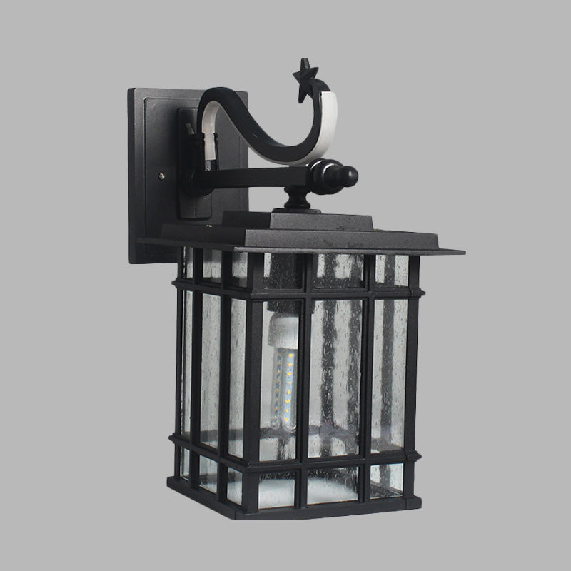 Country Courtyard Sconce Lamp: Wall Lighting Fixture With Seeded Glass Shade In Black