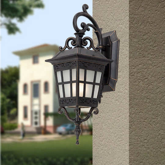 Outdoor Wall Sconce Lamp - 1-Light White Frosted Glass Black Finish Tower Design