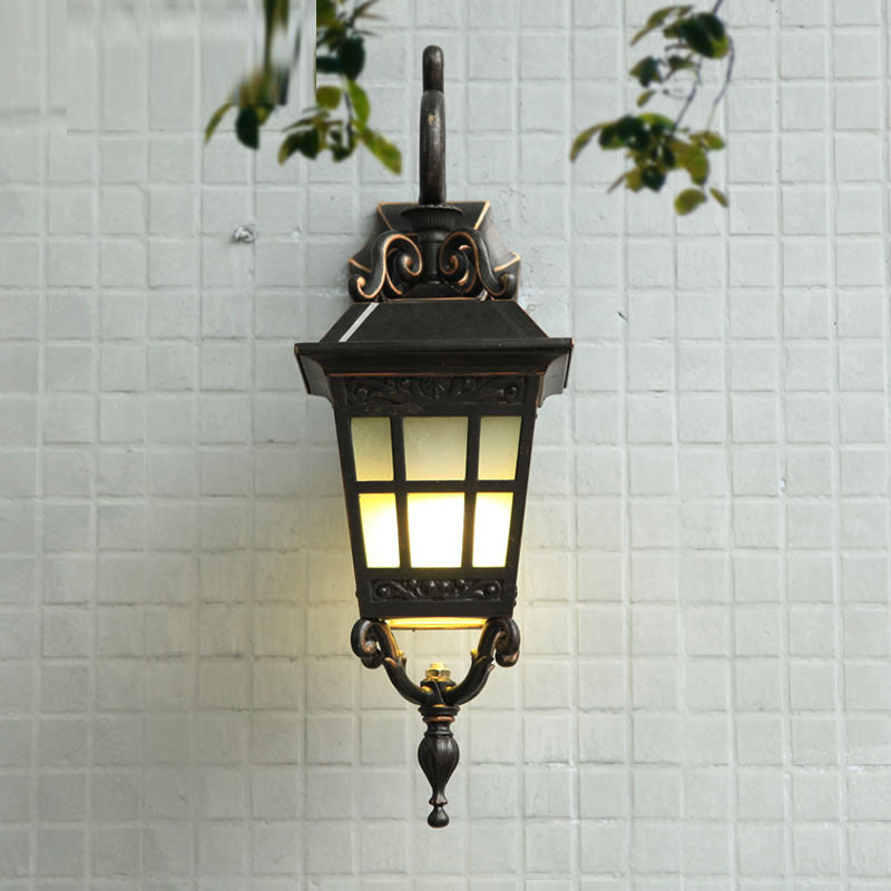 Outdoor Wall Sconce Lamp - 1-Light White Frosted Glass Black Finish Tower Design