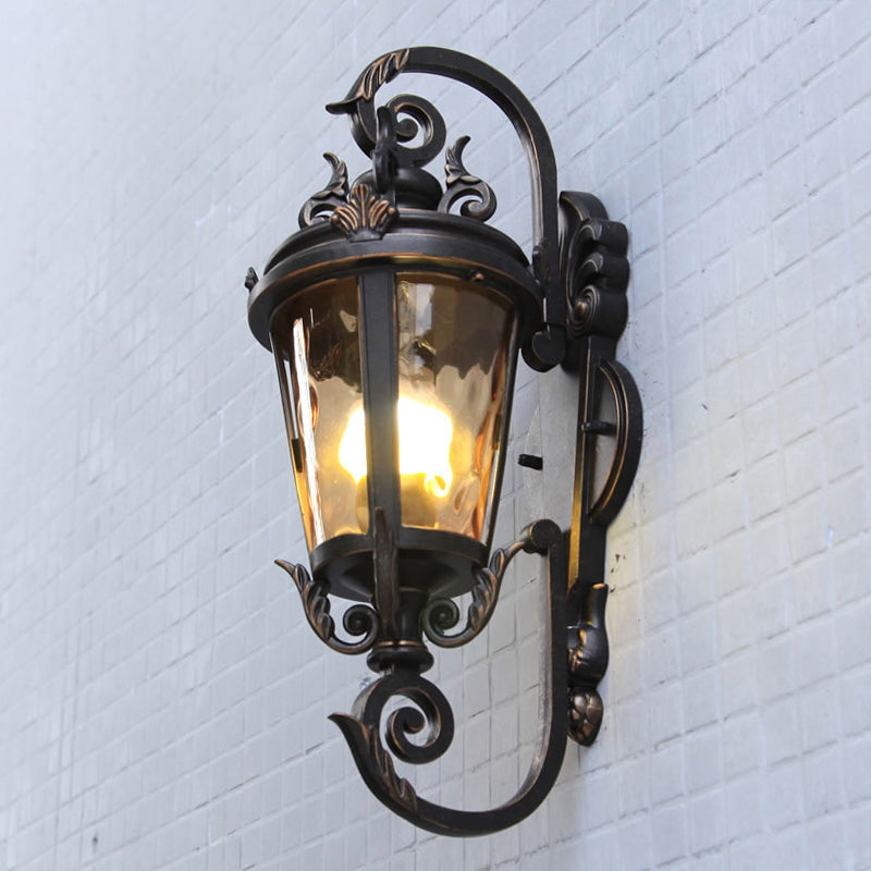 Rustic Clear Water Glass Outdoor Wall Sconce - Black Urn Shape Mounted Lamp With 1 Head