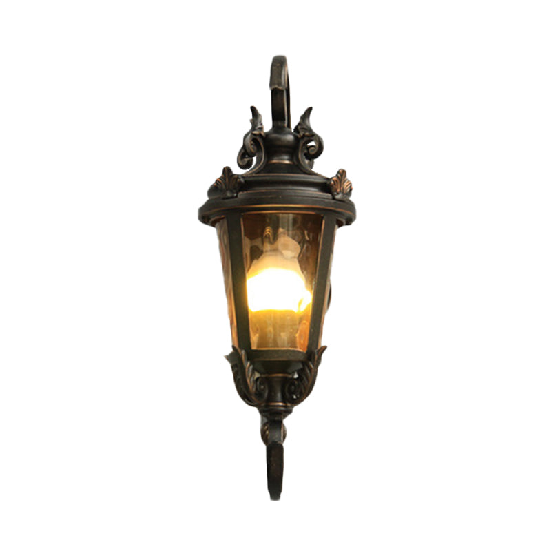 Rustic Clear Water Glass Outdoor Wall Sconce - Black Urn Shape Mounted Lamp With 1 Head