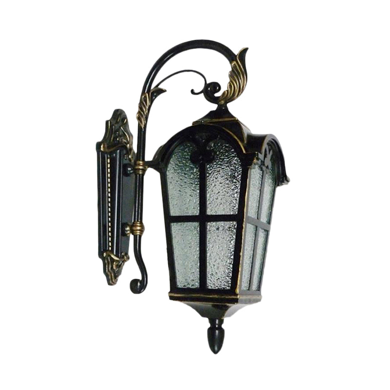 Farmhouse Wall Sconce: 1-Light Curving Arm Metallic Lamp In Black With Water Glass Shade