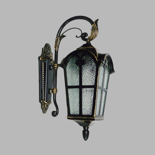 Farmhouse Wall Sconce: 1-Light Curving Arm Metallic Lamp In Black With Water Glass Shade