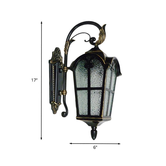 Farmhouse Wall Sconce: 1-Light Curving Arm Metallic Lamp In Black With Water Glass Shade