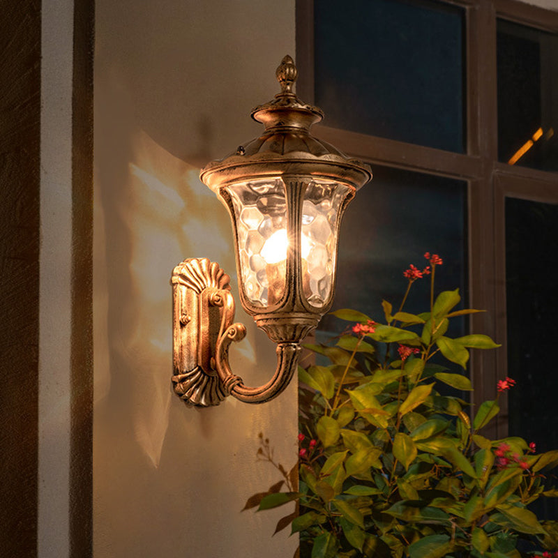 Rustic Brass Wall Mounted Sconce With Water Glass Acorn Design - 1 Bulb Light Fixture