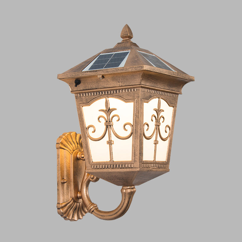 Quartet Religion Wall Lamp: Rustic 1-Light Sconce With Solar Panel Brass Finish