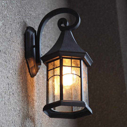 Farmhouse Outdoor Wall Mount Lamp - Seeded Glass Pavilion Sconce Light In Black/Bronze With Open