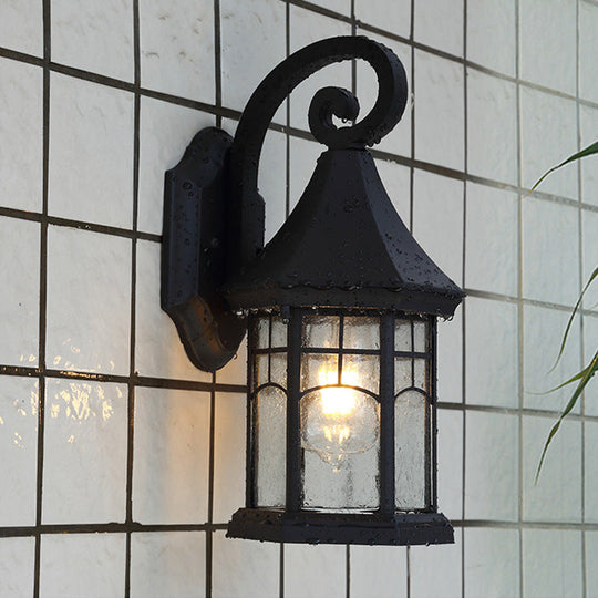 Farmhouse Outdoor Wall Mount Lamp - Seeded Glass Pavilion Sconce Light In Black/Bronze With Open