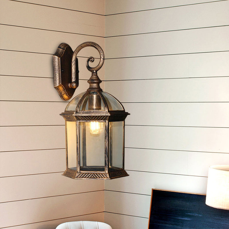 Birdcage Outdoor Wall Sconce: Rustic Clear/Frosted Glass Black/Bronze Finish