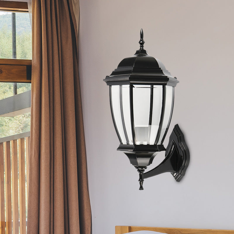 Country Style Black Glass Urn Sconce - Courtyard Wall Lamp Fixture With 1 Bulb