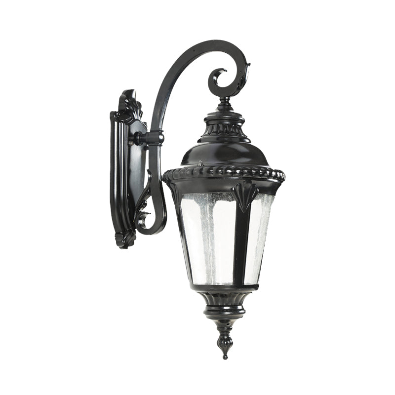 Rustic Courtyard Wall Lighting: 1-Light Sconce With Urn Clear Seeded Glass Shade In Black