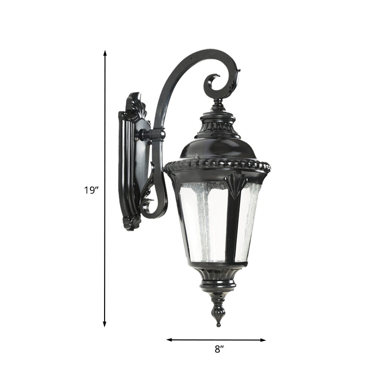 Rustic Courtyard Wall Lighting: 1-Light Sconce With Urn Clear Seeded Glass Shade In Black