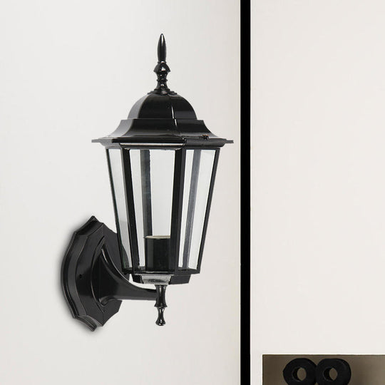 Geometric Wall Fixture: 1-Light Lodges Black Glass Mounted Lamp For Gate