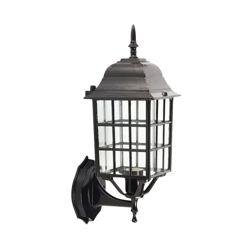 Modern Black Grid Aluminum Wall Sconce With Clear Glass Shade - 1 Bulb Courtyard Light Fixture