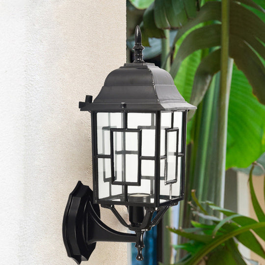 Rustic Black Metal Pavilion Sconce With Clear Glass Shade - Garden Wall Lighting Idea