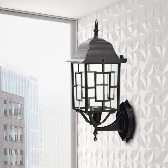 Rustic Black Metal Pavilion Sconce With Clear Glass Shade - Garden Wall Lighting Idea