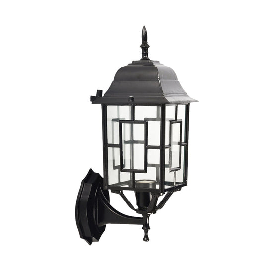 Rustic Black Metal Pavilion Sconce With Clear Glass Shade - Garden Wall Lighting Idea