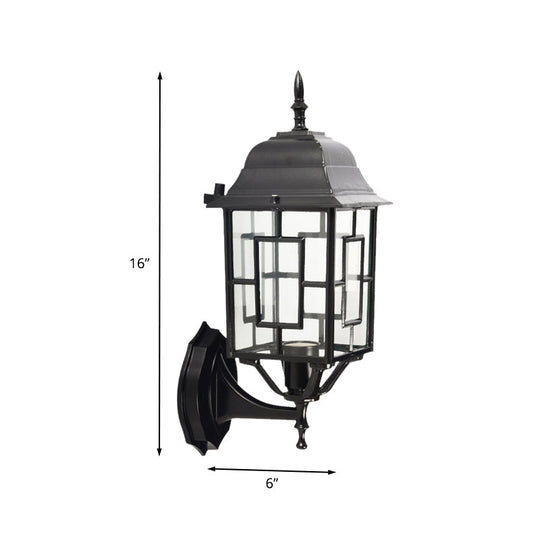 Rustic Black Metal Pavilion Sconce With Clear Glass Shade - Garden Wall Lighting Idea