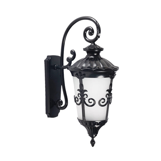 Farmhouse Black Wall Mounted Lamp With White Frosted Glass Urn Sconce - 1 Light Balcony