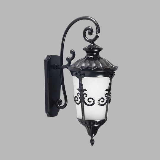 Farmhouse Black Wall Mounted Lamp With White Frosted Glass Urn Sconce - 1 Light Balcony