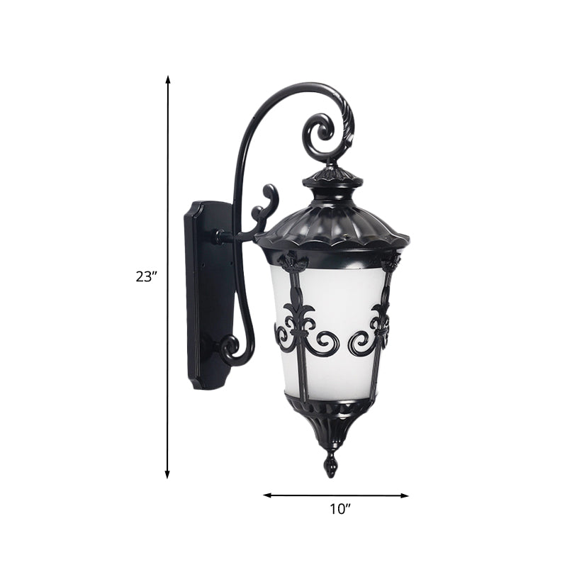 Farmhouse Black Wall Mounted Lamp With White Frosted Glass Urn Sconce - 1 Light Balcony