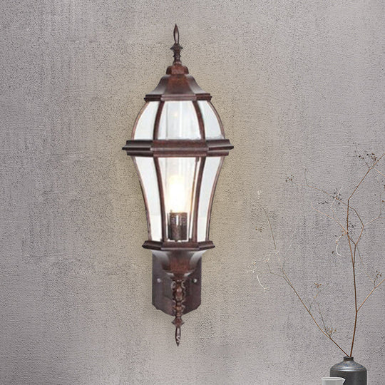 Rustic 1-Light Wall Sconce: Urn Shaped Clear Glass Lamp Fixture Rust