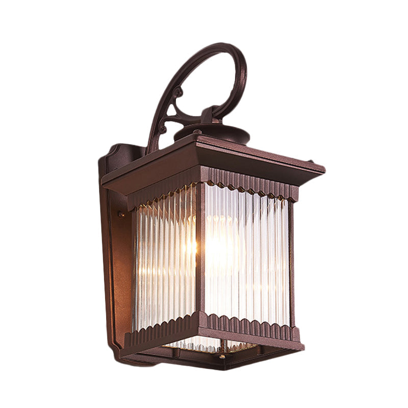 Clear Ribbed Glass Wall Light Rustic Black Finish Outdoor Cuboid Sconce Lamp