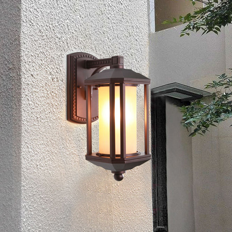 Country Dark Coffee Cylinder Wall Light Sconce With Frosted Glass - Outdoor Lighting Idea