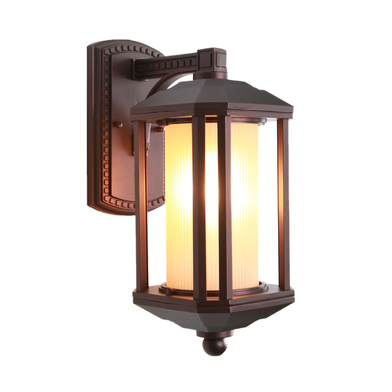 Country Dark Coffee Cylinder Wall Light Sconce With Frosted Glass - Outdoor Lighting Idea