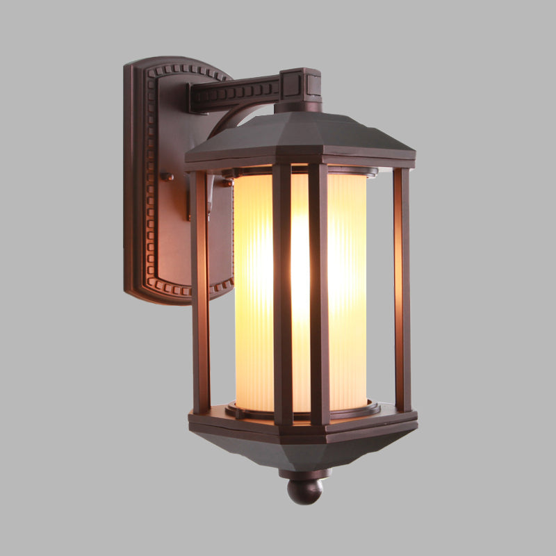 Country Dark Coffee Cylinder Wall Light Sconce With Frosted Glass - Outdoor Lighting Idea