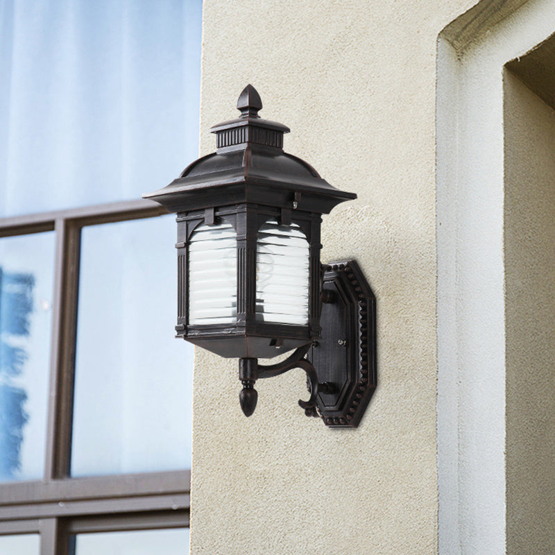 Black Sconce Light Fixture With Ribbed Glass And Wall Mount For Lodges Pavilions