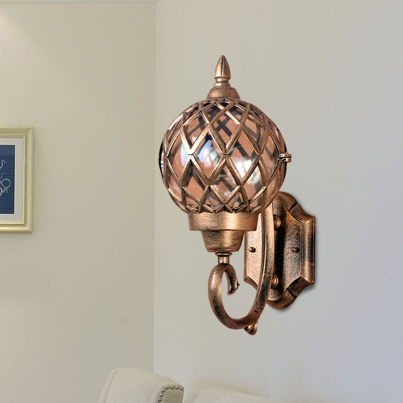 Brass Outdoor Wall Mount Lamp With Clear Glass Globe Cage And 1-Bulb Sconce Lighting