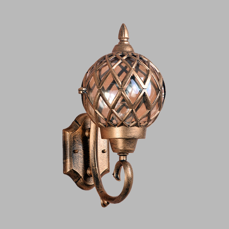 Brass Outdoor Wall Mount Lamp With Clear Glass Globe Cage And 1-Bulb Sconce Lighting