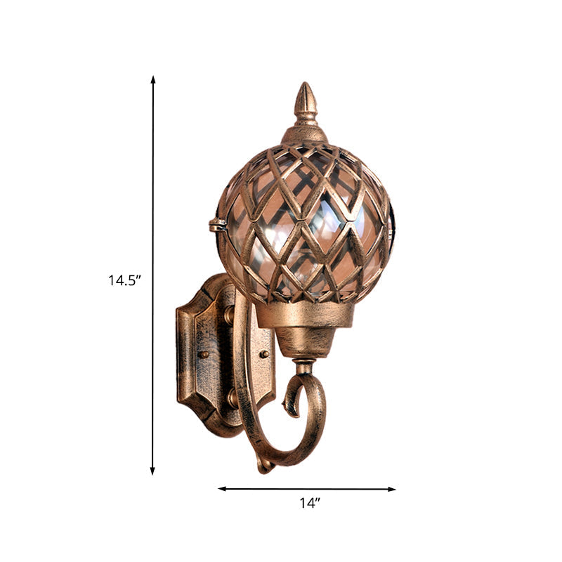 Brass Outdoor Wall Mount Lamp With Clear Glass Globe Cage And 1-Bulb Sconce Lighting