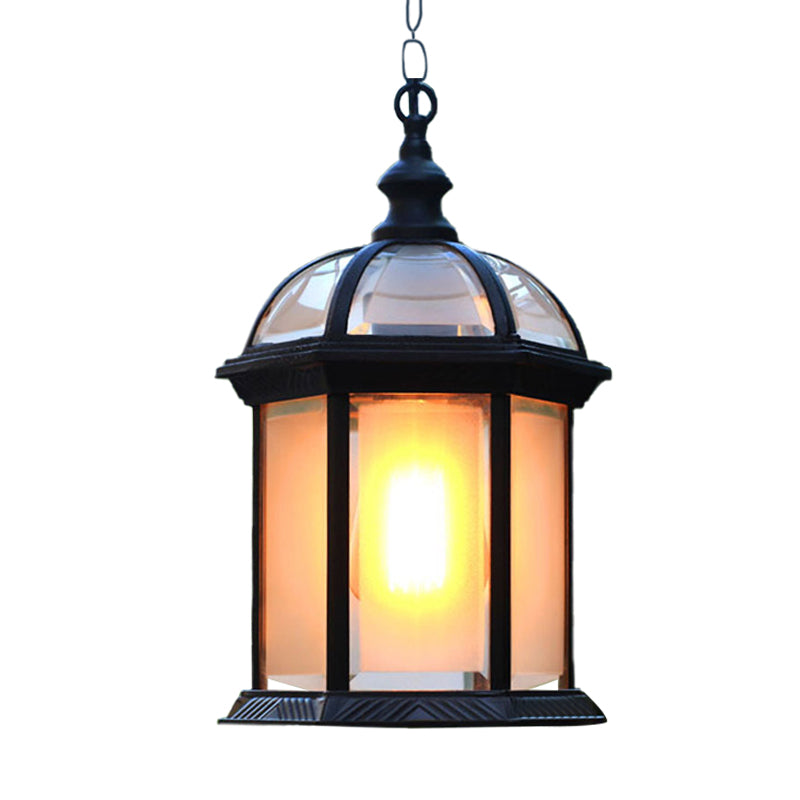 Farmhouse Black/Brass Birdcage Ceiling Lamp With Frosted Glass For Courtyard Suspension